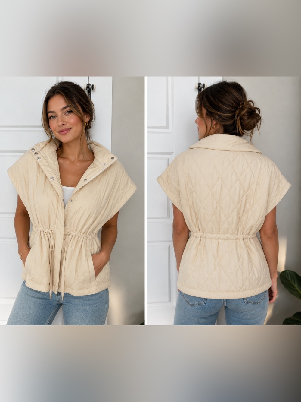 Vici Quilted Sleeveless Vest in Cream